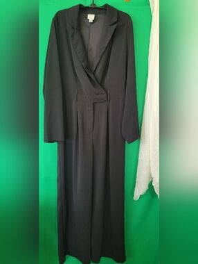 Black Tailored Belted Jumpsuit Blazer-style Crossover A New Day Women Med Wrap